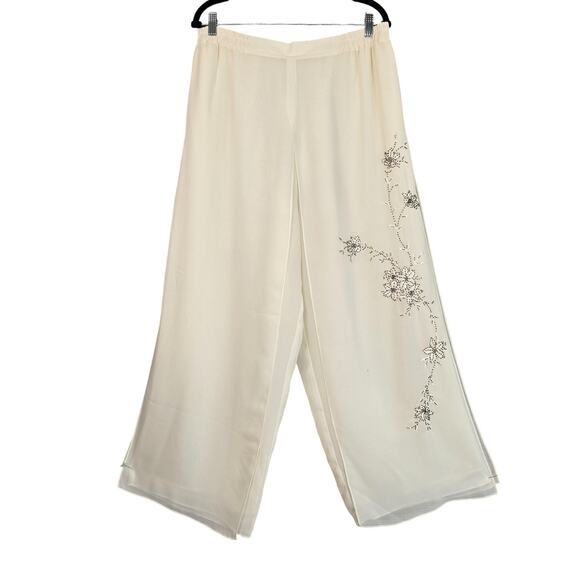 Roaman's Pants Womens 16W Ivory Chiffon Wide Leg Palazzo Embroidered Plus Size - Picture 1 of 11